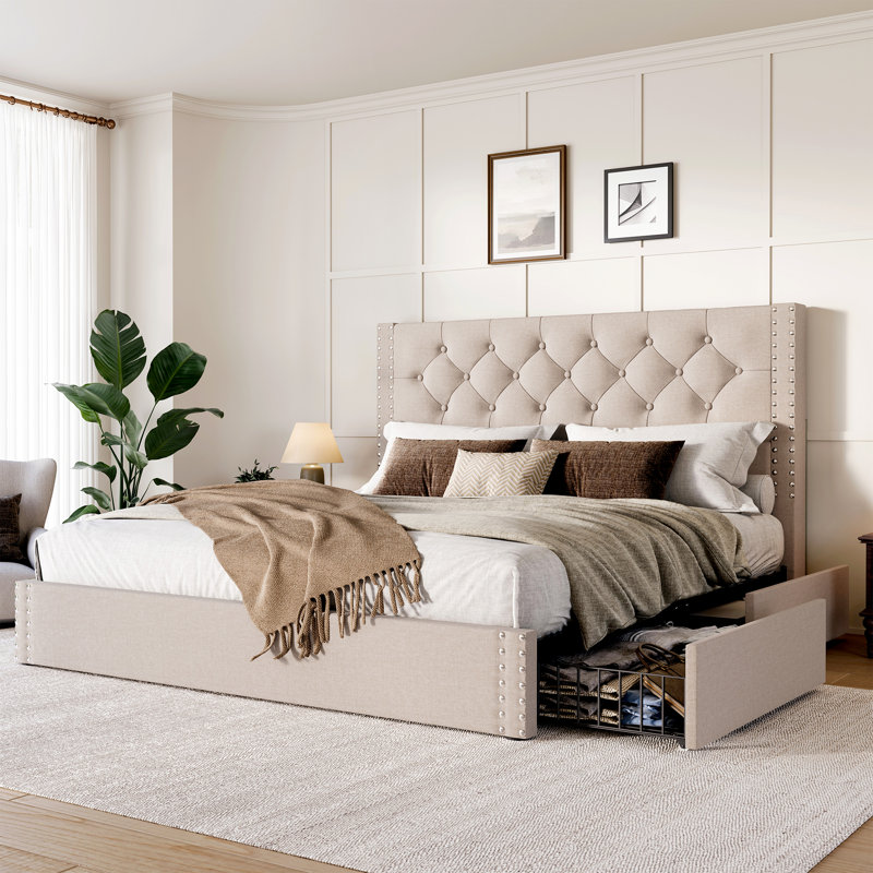 Lit plateforme tapissier avec tiroirs de rangement, Beige, Grand lit