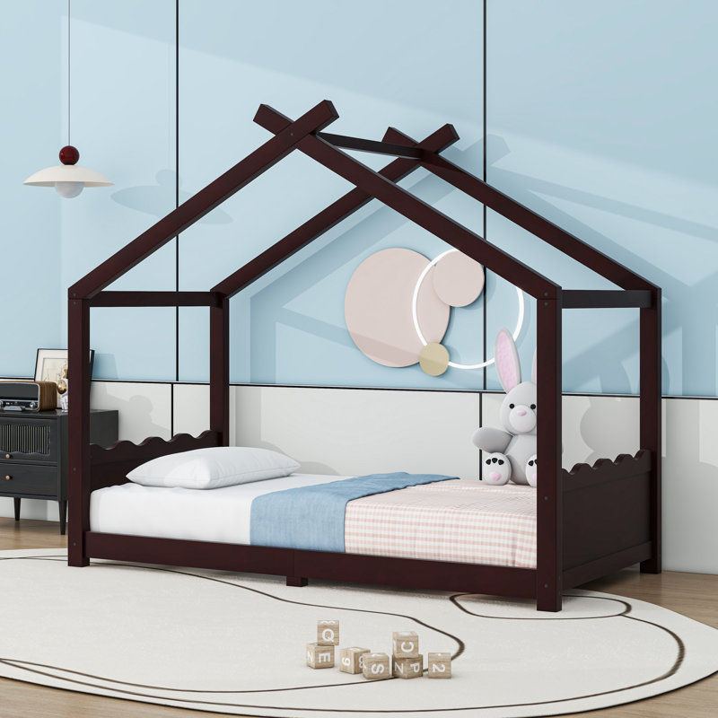Wood House Floor Bed With Slats, Twin, Espresso