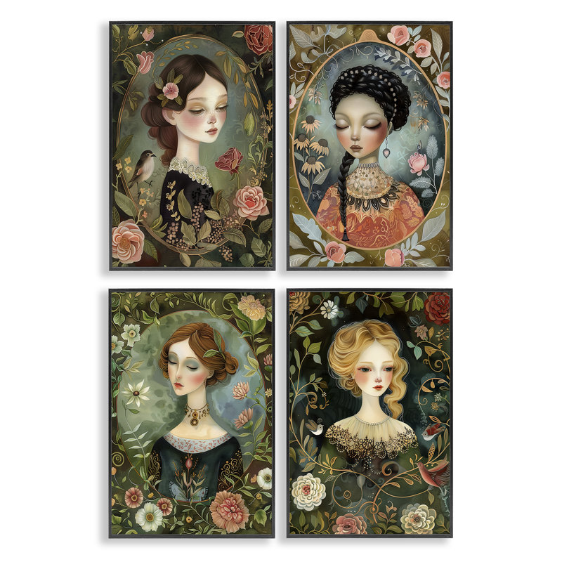 «Nouveau Mesdames with Floral Borders», ensemble de 4 impressions sur toile encadrées, design par The Dutch Lady