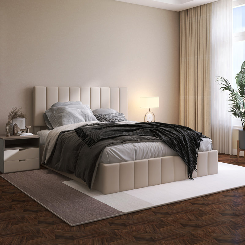 Upholstered Platform Bed With A Hydraulic Storage System, Beige, Queen