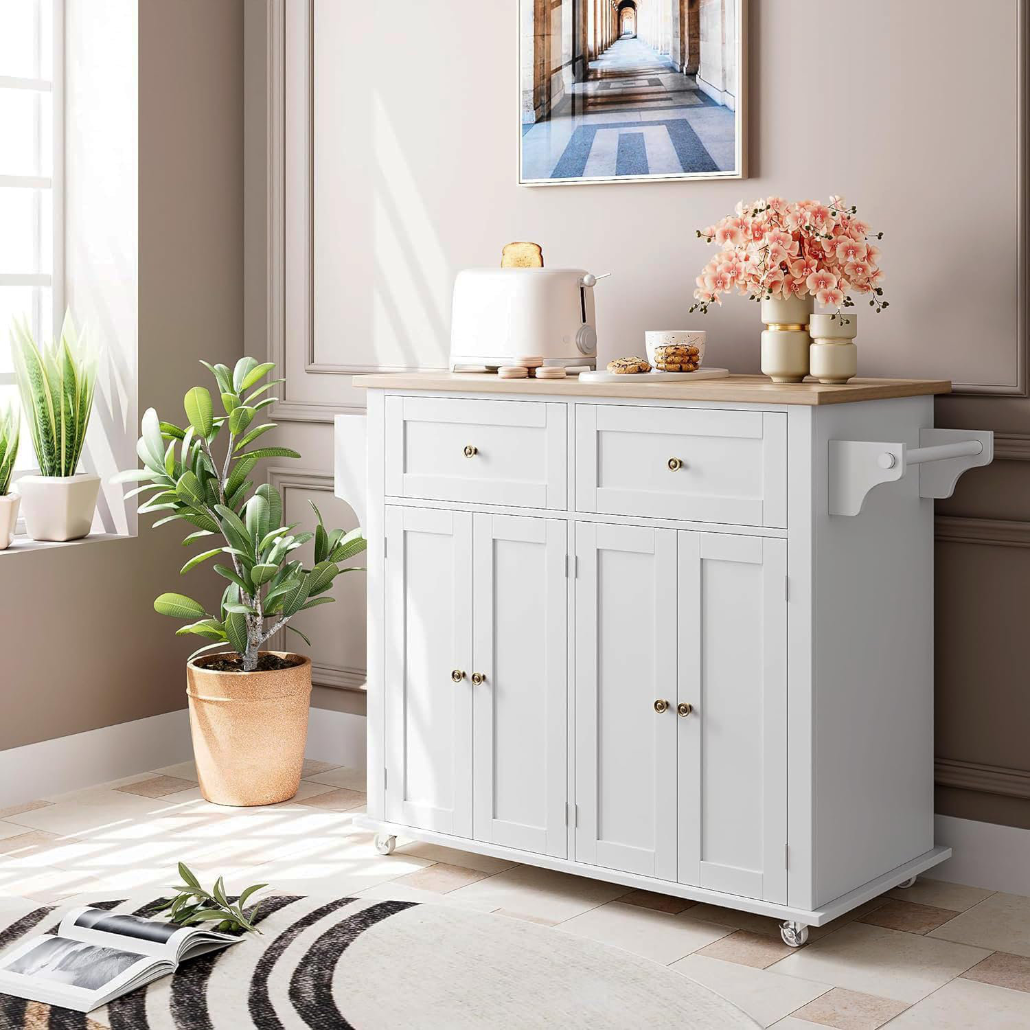 Lark Manor Kitchen Island Cart With Solid Wood Top, Portable Rolling