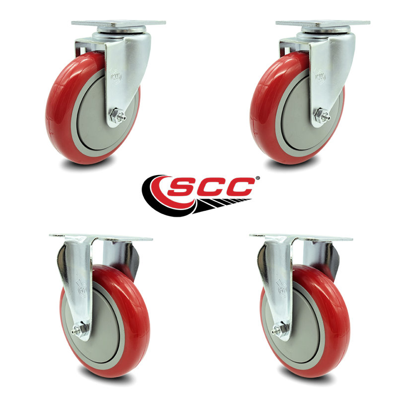 4 Piece Polyurethane Top Plate Caster Set with 2 Rigids, Red