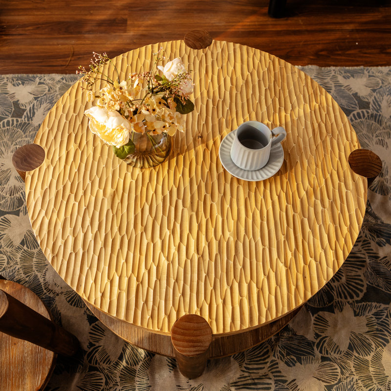 Table basse ronde 35 po en bois massif avec rangement double couche