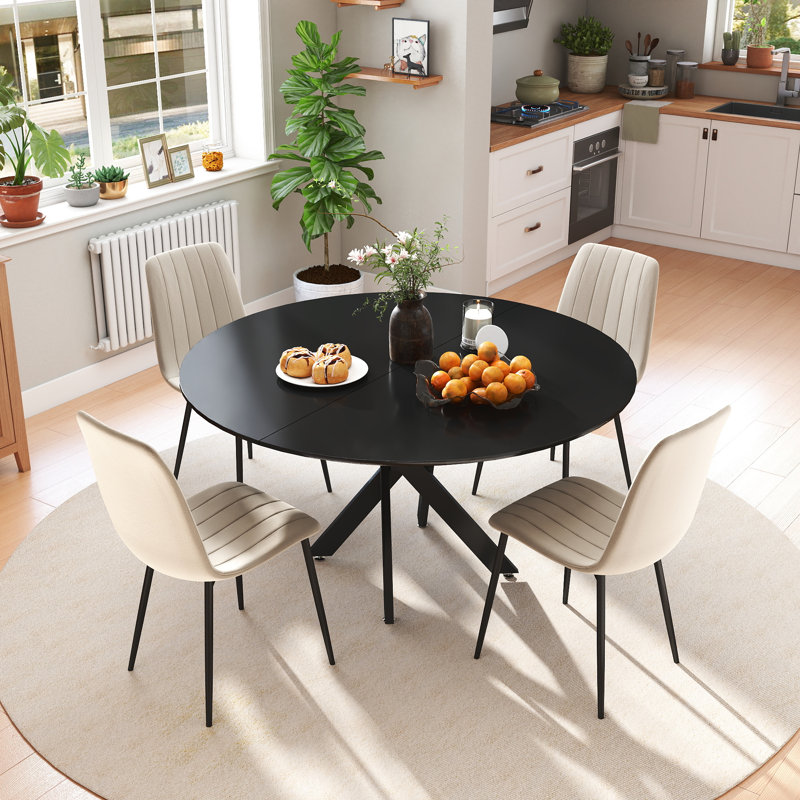 47in Round Dining Table Set, 5, Beige, Black