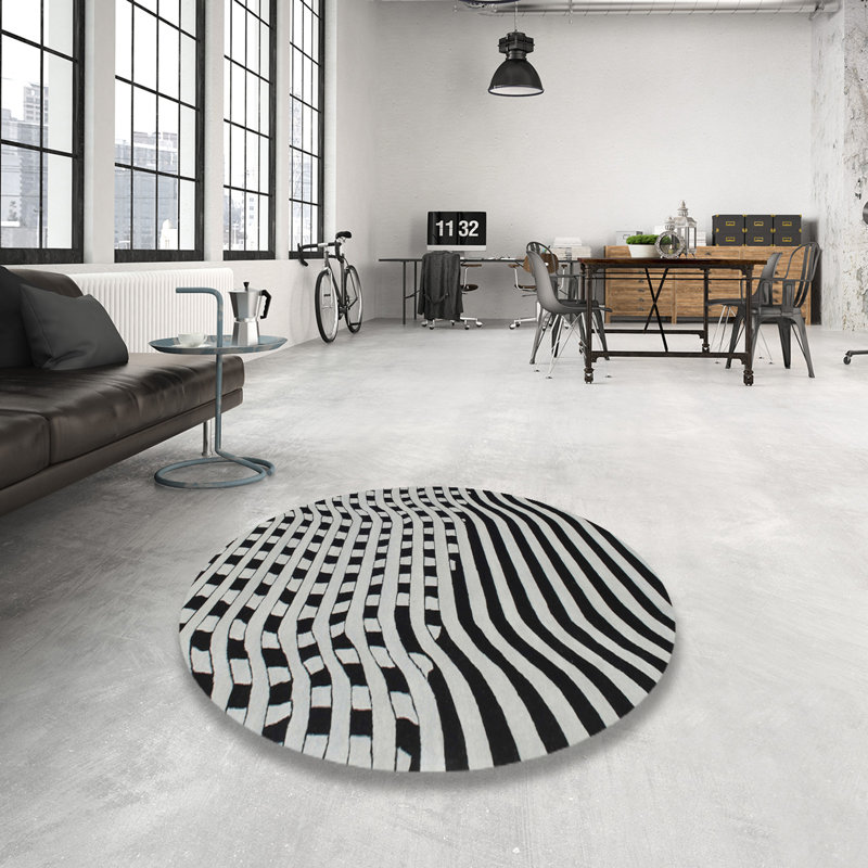Tapis noir/blanc contemporain, Rond 5 pi