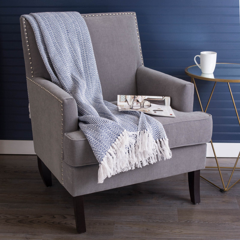 Nautical Blue Herringbone Cotton Throw Blanket with Fringe