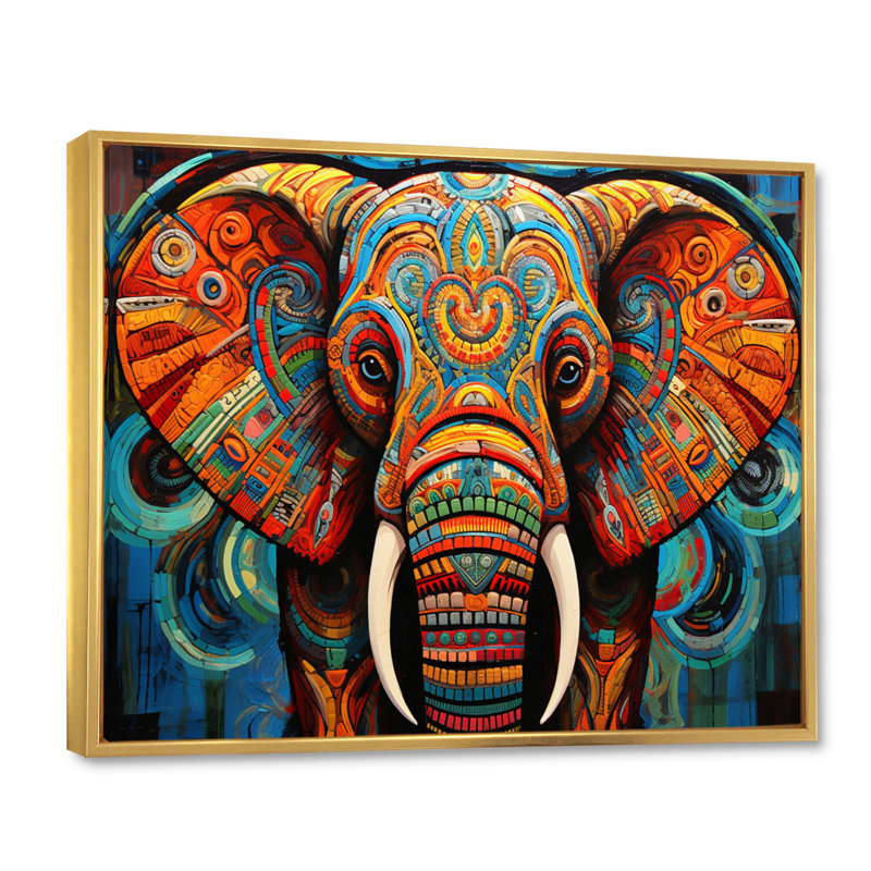 Éléphant Tribal Majesty - Éléphant, art mural, Cadre flottant doré, H 24 po x l 32 po x P 1 po