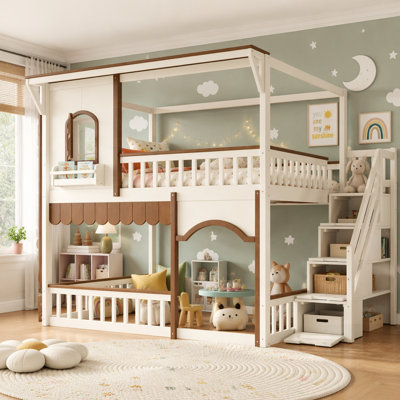 House Bunk Bed with Storage Stairs, Window, and Side Bookshelf, Convertible Lower Space for Sleep or Play, Solid Wood Frame
