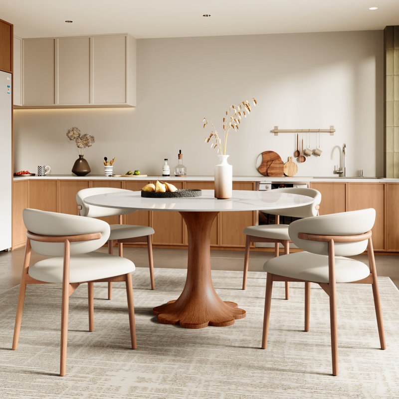 Mid-Century Modern Snow/Sand Sintered Stone Round Colyer Solid Wood Floral-Shaped Pedestal Walnut/Dark Walnut Tone (1 Table, 4/6/8 Chairs)