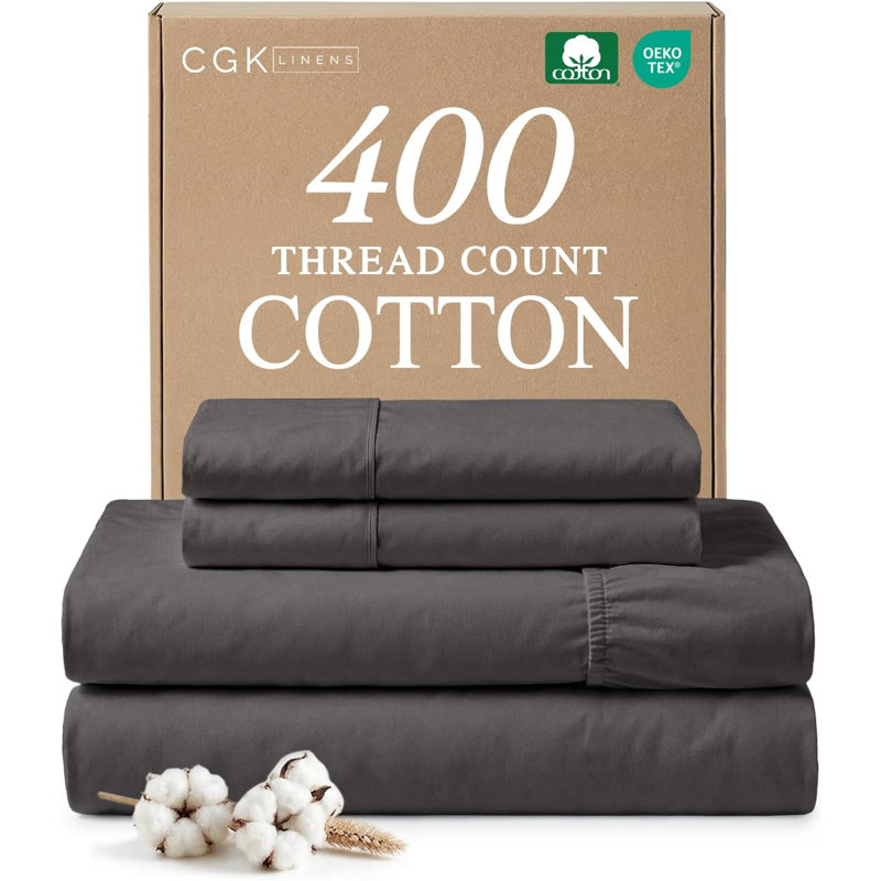 100% Cotton Sheet Set, 400 Thread Count Hotel Luxury Bedding, Soft & Breathable Bed Sheets, 4 Piece Set, Dark Gray