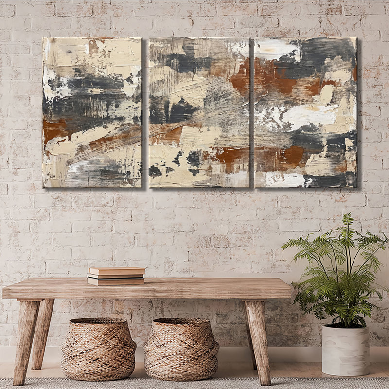 «Neutral Earth Tone Abstract Brushstroke», peinture sur toile tendue avec châssis de qualité supérieure - prête à être accrochée (ensemble de 3)
