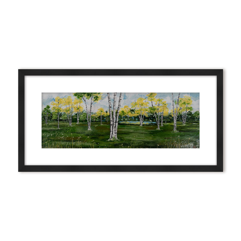 Nature Inspired "Summer Birchscape" Canvas Wall Art By , 8" H x 16" W, Framed Matted Print, Brown
