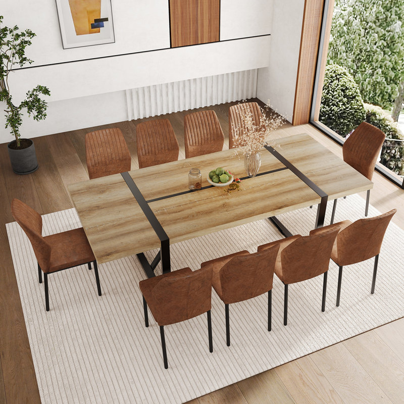87 Inch Wood Dining Table Set With PU Leather Upholstered Dining Chair, 11 Pieces: Table, 10 Chairs, Brown, Wood