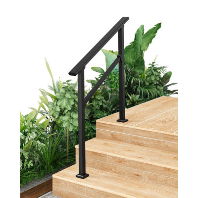 Adjustable Metal Handrails for Outdoor Steps, 1-Pack Heavy-Duty Stair Railing for 3 Steps, Black+Bloves
