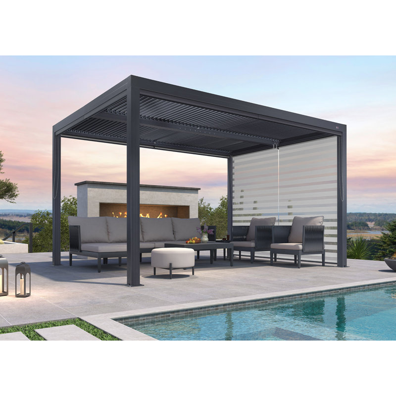 Aluminum Pergola with Roller Shade, 1 Short Side, Gray, 13' x 11'