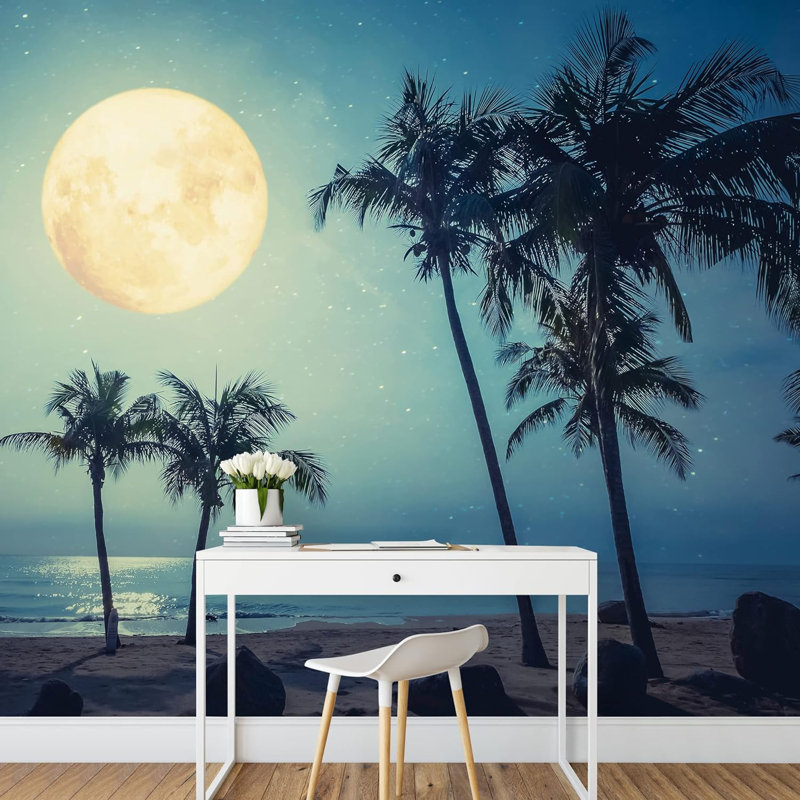 Tropical Beach Midnight Moon Seascape Nature Photography Rustic Landscape Decorative, 66" L x 96" W