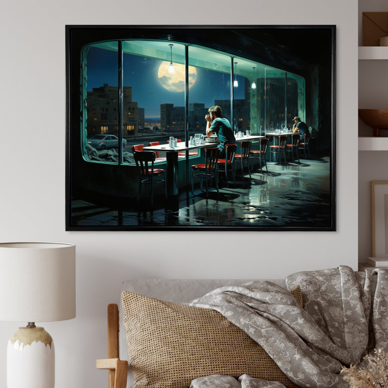 Masterpiece Nighthawks By Edward IV - Masterpiece Canvas Art Print, H 34 po x l 44 po, Cadre flottant noir