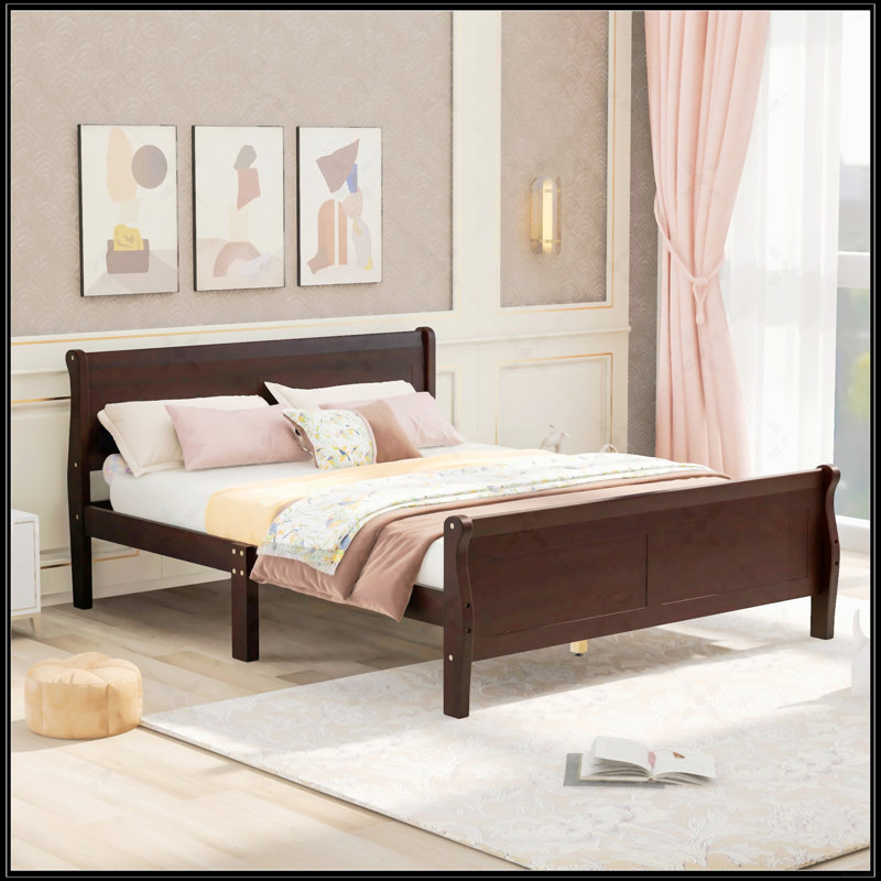 Lit plateforme en bois avec tête de lit et lattes en bois, Lit double, Espresso