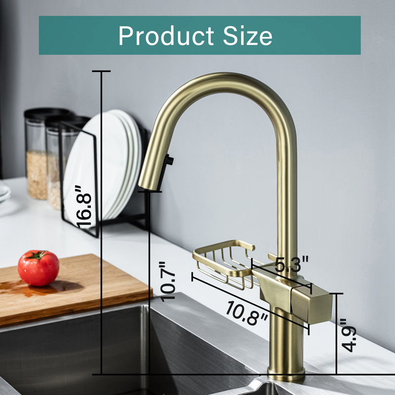 High Arc Pull - Down Kitchen Faucet In Single Hole Stainless Steel And Brushed Gold, With Dual Spray Modes, 360 Swivel Out, Quick Setup, Drip Ceramic Valve, Storage Shelf For Bathroom Gold Steel,