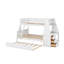 Lit simple superposé au dessus d'un lit double avec lit gigogne et bureau, trois tiroirs de rangement et une tablette-381585890