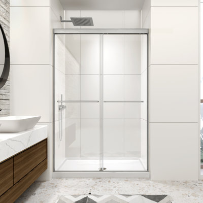 44-48" W x 70" H Framed Shower Door Double Sliding Door with 1/4" (6mm) Clear Tempered Glass, 2 Towel Bars for Walk-in Bathroom, Brushed Nickel Finish Shower Doors, Reversible Installation