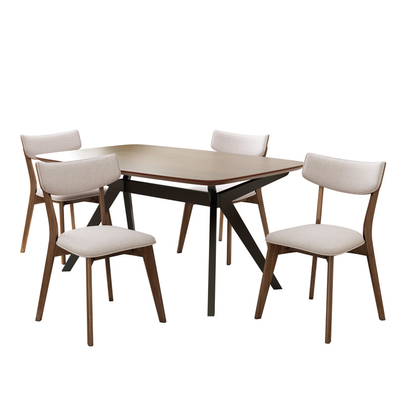 Evonne Upholstered Dining Set With Rubberwood Frame, 5, Light Beige