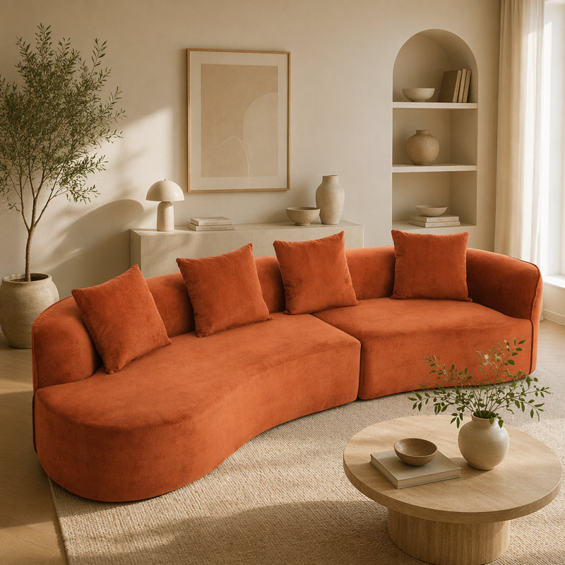 Canapé modulaire incurvé en tissu 126 po, Tissu orange foncé