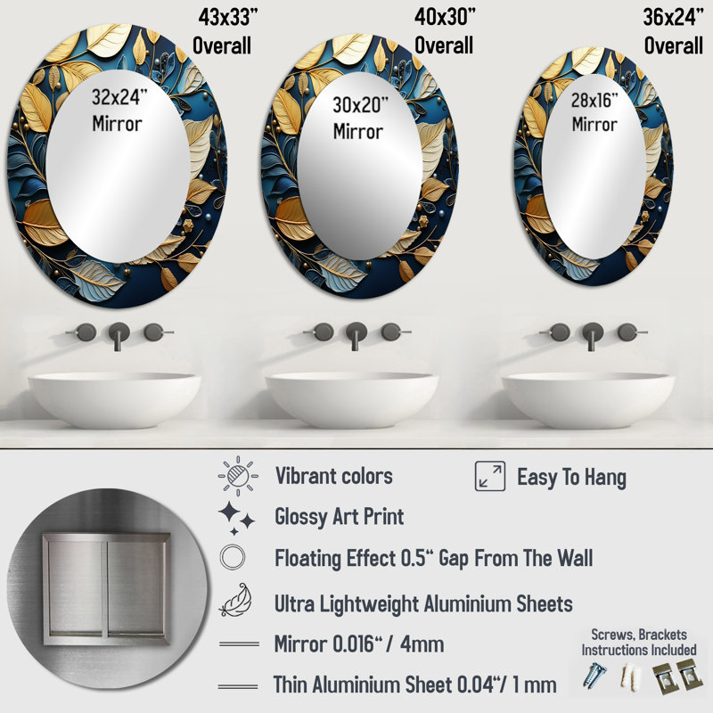 Gold Leaves Charm In Winter II - Leaves Unique Wall Mirror, Traditional, 36 po x 24 po, Ovale
