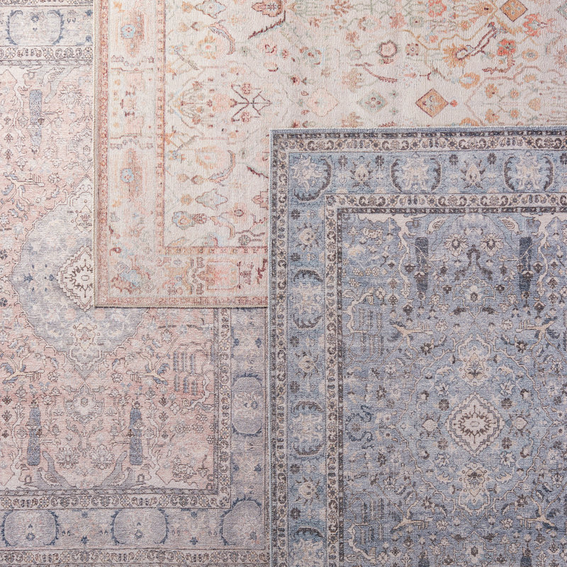 Tapis oriental bleu / gris lavable à la machine Elodie, Rectangle 6 pi x 9 pi