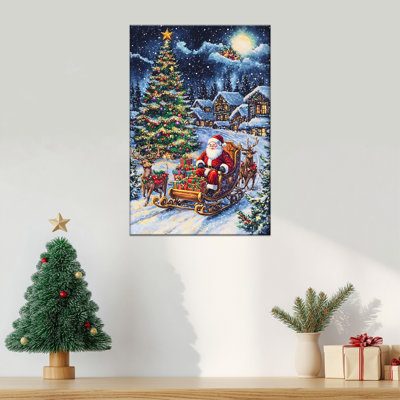 Abiel - traîneau rétro du père Noël renne scène d'hiver, affiche d'art, peinture, décor de maison de campagne pour salon, chambre à coucher prête à être suspendue, 12 po x 18 po