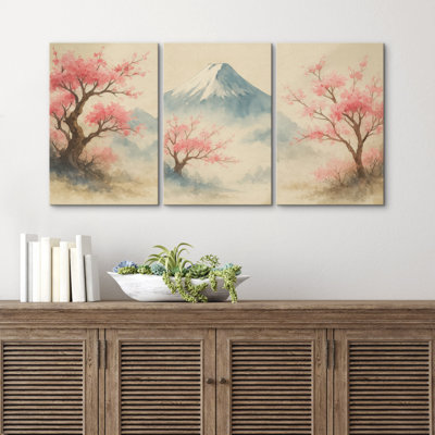 Cherry Blossom Trees & Mount Fuji Pastel Landscape Pictures Framed Canvas Print 3 Pieces Wall Art