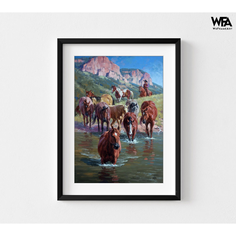 Rivière traversée avec des chevaux, Cadre noir, Blanc, H 18 po x l 24 po
