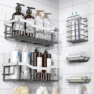 Shower Caddy 5-Pack, Adhesive Shower Organizer For Bathroom Storage, Home Decor & Kitchen, No Drilling, Large Capacity, Rustproof Stainless Steel Bathroom Organizer, Shower Shelves For Inside Shower – Larger