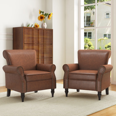 Enoks Traditional Upholstered Brown Faux Leather Armchair with Nailhead Trim