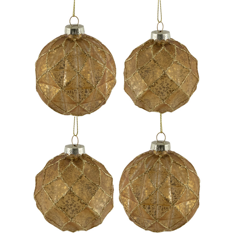 Geometric Glittered Mercury Glass Ball Christmas Ornaments - 3" (80Mm) - Gold - 4Ct