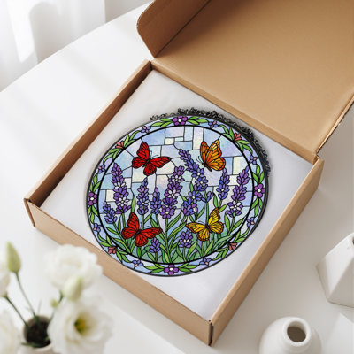 12"H Butterfly Lavender Stained Glass Window Panel