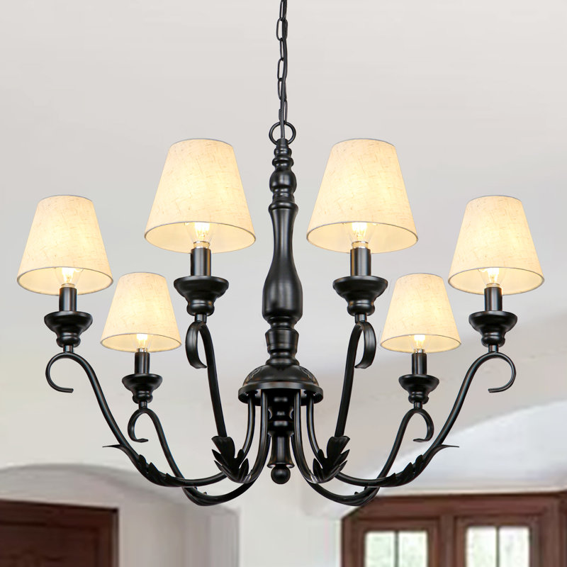 Lustre à intensité variable classique / traditionnel à 6 lumières avec abat-jour en tissu, Noir mat