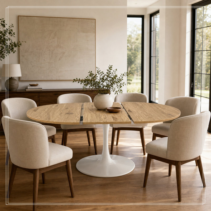 Halee ronde extensible avec base en métal, Beige + naturel clair