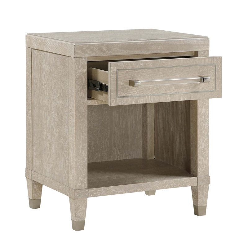 Élégante table de chevet en chêne clair avec ports de chargement, tiroir de rangement et tablette pour les chambres modernes glam
