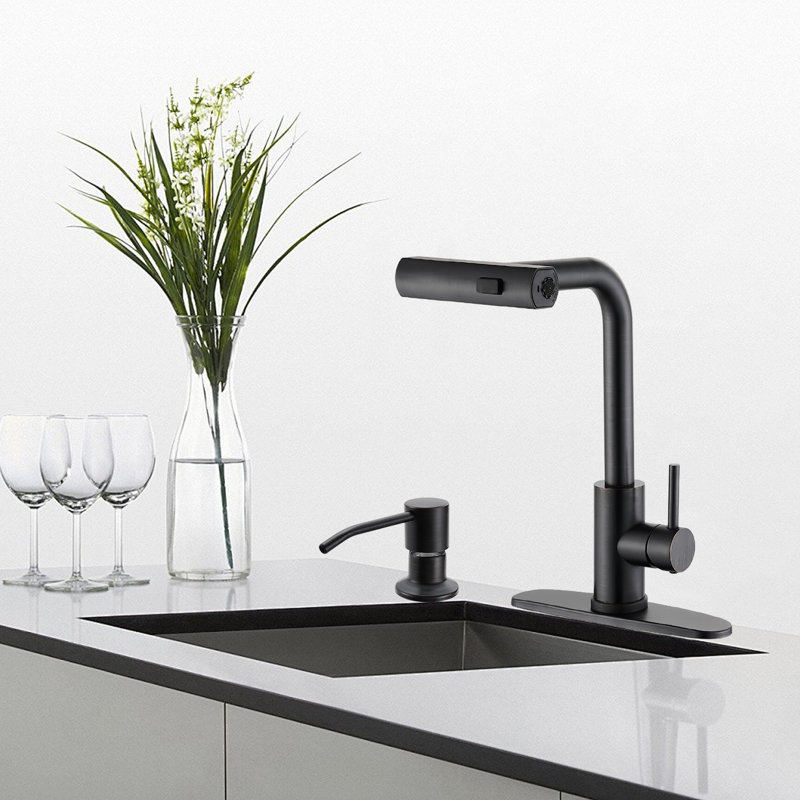 Modern Stainless Steel Single-Lever Kitchen Faucet With Pull-Down Nozzle With Soap Dispenser, Oil Rubbed Bronze