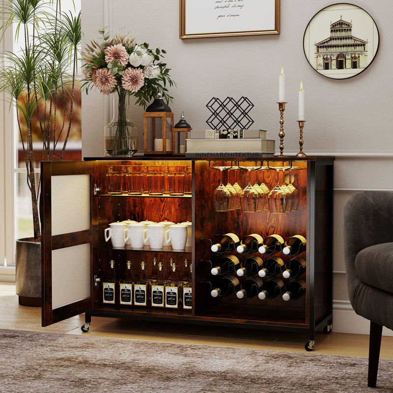 Wine Bar Cabinet w/ Wheels LED Lights Storage Shelves Glass Holders Wine Racks