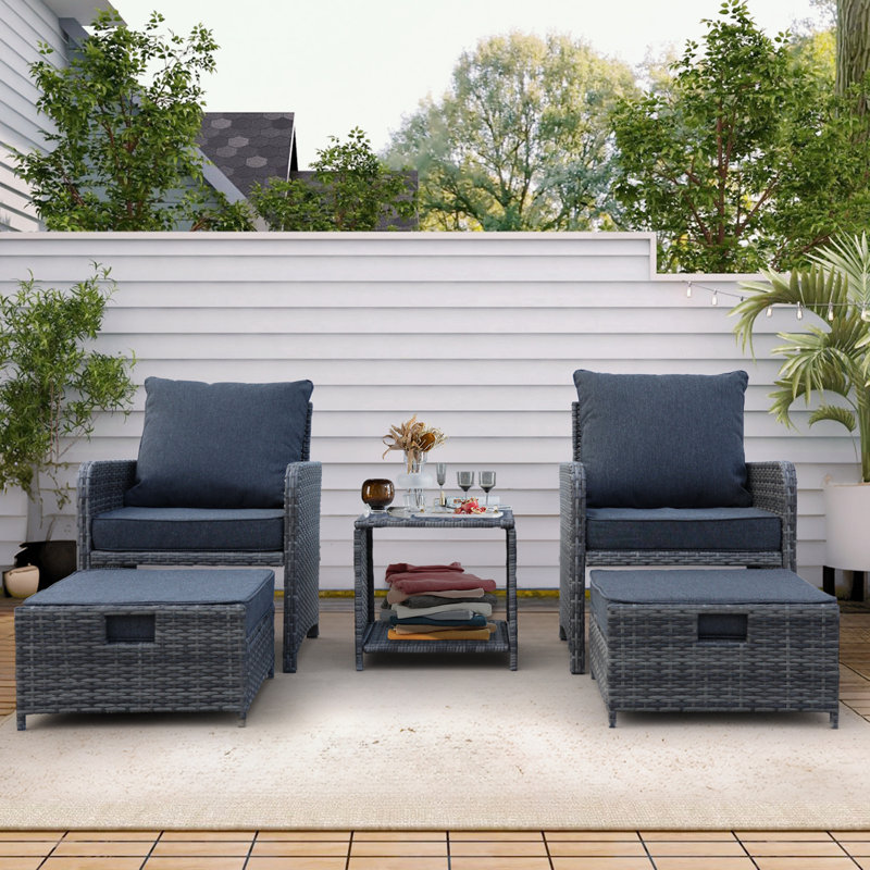 5 Pieces Wicker Patio sofa Set with Ottomans and coffee table, Dark Blue