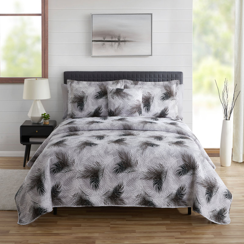 Twin Gray Palm Leaf Microfiber Bedspread Set