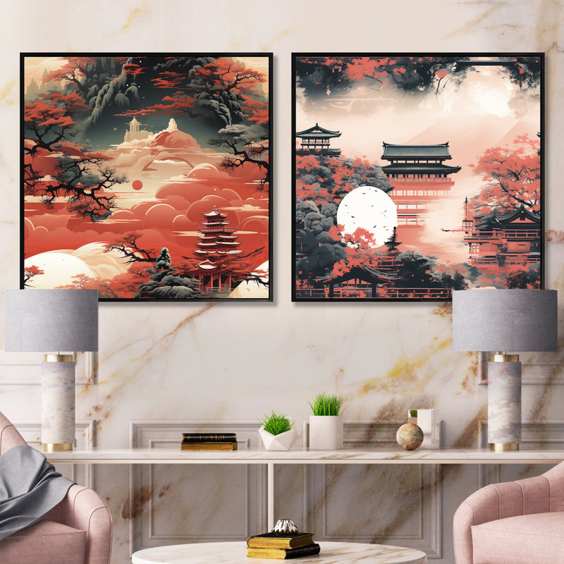 Lazerte - Ensemble de 2 collage de paysages abstraits carrés, Cadre flottant noir, H 16 po x l 33 po