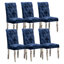 Deux chaises de salle à manger recouvertes de chenille bleue, structure en bois massif et capitonnage à boutons - Soutien ergonomique de luxe