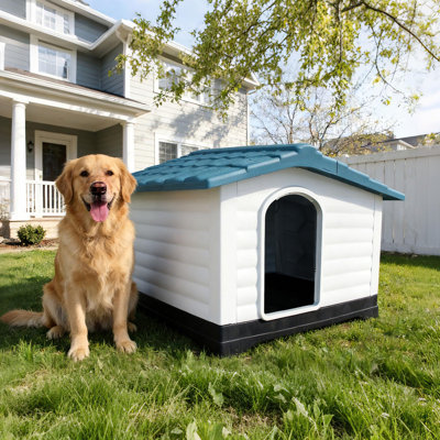 Niche pour chien en plastique avec portes doubles - Niche pour animaux ventilée, surélevée et imperméable - Assemblage facile, intérieur / extérieur