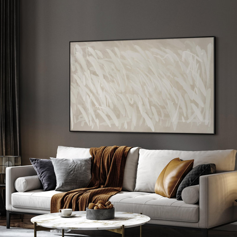 Extra Large Wall Art Fabric Print - White Brush Strokes on Beige Artwork Decor for Living Room or Bedroom - "Frame Assembly Required (Unfinished Frame)"