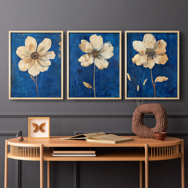 Étude florale, série XXII, ensemble de 3 estampes numériques, prêt à accrocher, Encadré naturel, H 10 po x l 8 po