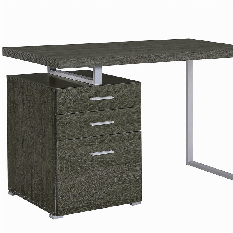 Bureau réversible à 3 tiroirs gris patiné, Gris/argent