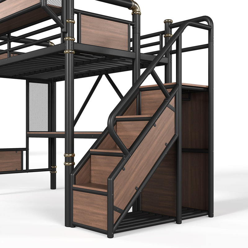Lit mezzanine en métal avec bureau intégré ApexLoft, Très grand simple, Noir et noyer